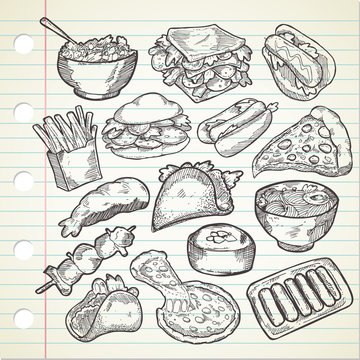 Set of various food in sketchy style