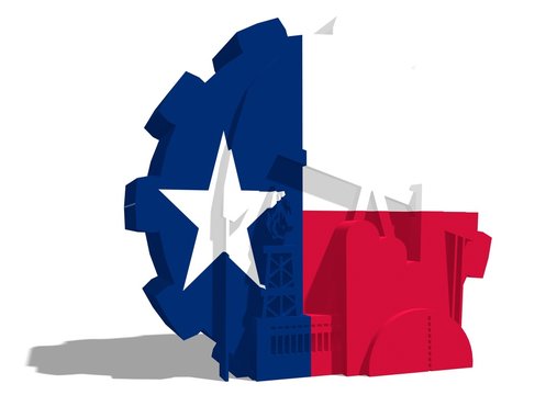 texas flag on gear and factory, derrick, gas rig icons