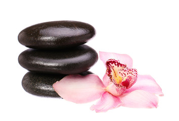 massage basalt stones and orchid flower isolated on white backgr