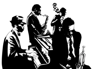 Gordijnen Jazzposter met saxofoon, contrabas, piano en trompet © Isaxar