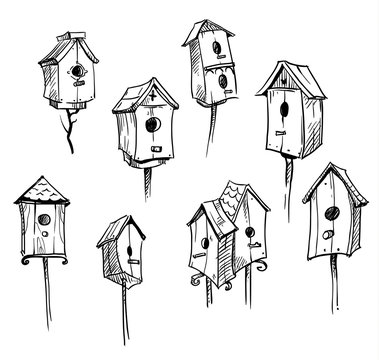 Set of hand drawn bird houses