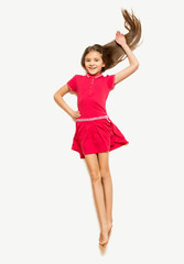 Isolated photo of girl in red dress with long hair lying on floo