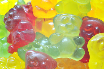 Macro detail of heap of colored gummy bears