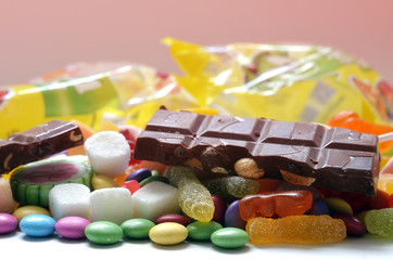 Candy, lollipop, colored smarties, chocolate and gummy bears 