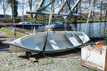 boat on the quay, ready for lifting into the water