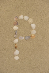 Fototapeta na wymiar Buchstabe P aus Muscheln im Sand