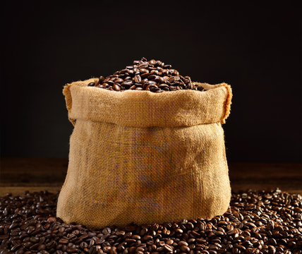Coffee beans in burlap sack, This photo is available with smoke