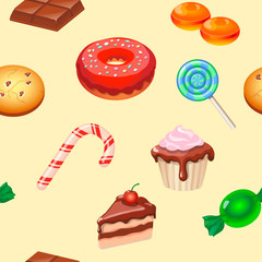 Seamless pattern colorful candy, sweets and cakes.