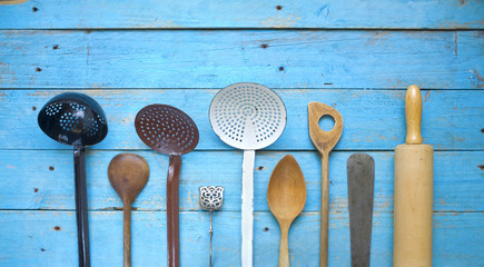 Various kitchen utensils, free copy space