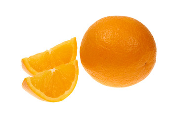 Orange fruit and two segments isolated on white background