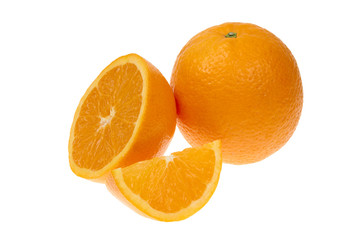 Orange fruit half and one segment isolated on white background