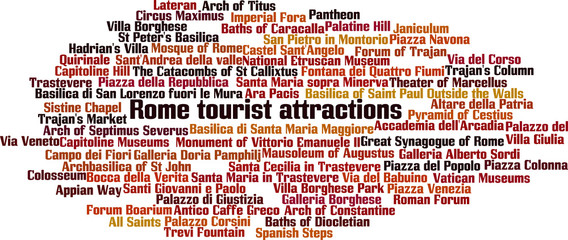 Rome tourist attractions word cloud concept. Vector illustration