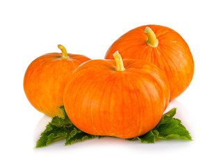 Ripe pumpkin vegetables with green leaves isolated