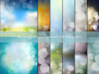 Big set of blurry backgrounds with bokeh effect. Abstract vector