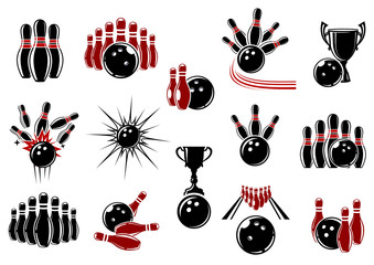 Bowling symbols with equipment and decorative elements - obrazy, fototapety, plakaty