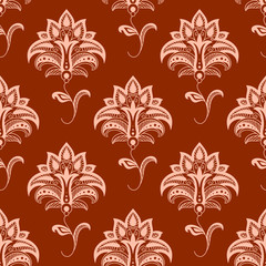 Fototapeta na wymiar Oriental floral seamless pattern on maroon background