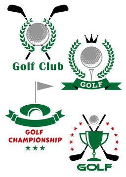 Golf game emblems with equipments and heraldic elements