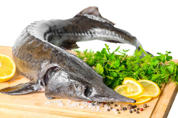 fresh raw sturgeon fish with greens, lemon, different peppers an