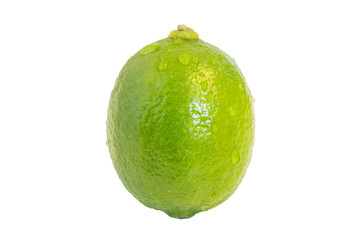 Closeup of a whole ripe lime fruit with waterdrops, isolated