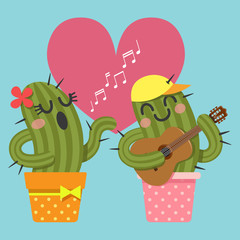 loving couple of cactus singing and playing guitar