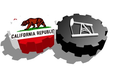california state flag and derrick icon on gears