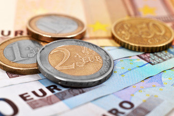 coins and euro banknotes