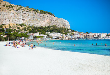Fototapeta na wymiar Mondello white sand beach in Palermo, Sicily.