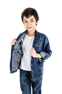Little boy in jean cloth fashion isolate on white background cla