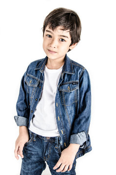 Little boy in jean cloth fashion isolate on white background cla