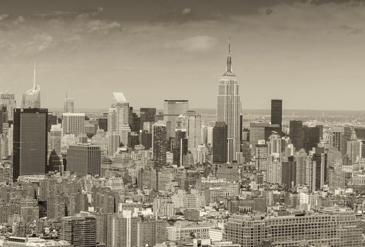 Stunning aerial skyline of Midtown Manhattan on a sunny day, New