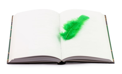 open book and feather isolated on white background