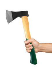 ax in man's hand isolated on white