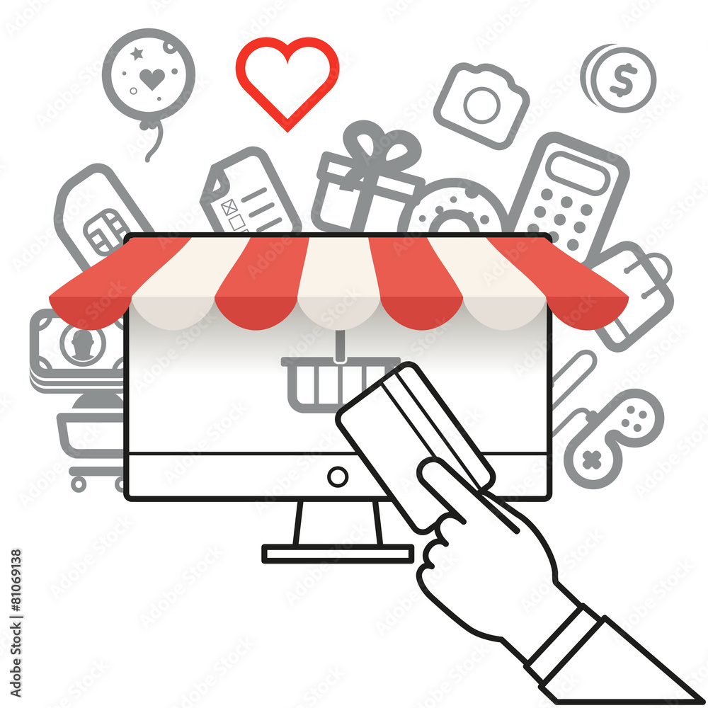 Poster shopping via internet connection. simple line design illustratio