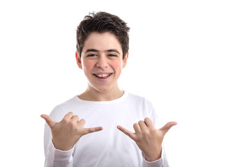 Smooth-skinned Caucasian Boy doing shaka gesture