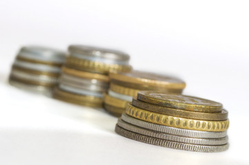 Various european coin collection on white background