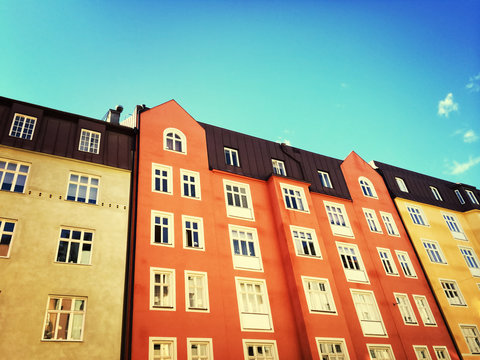 Facades of colorful buildings in Stockholm