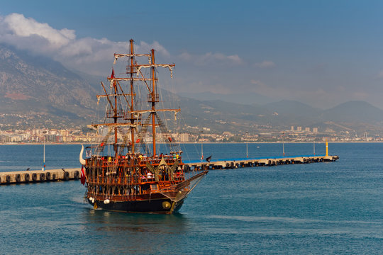 Walk on a beautiful yacht in Mediterranean sea, Alanya.