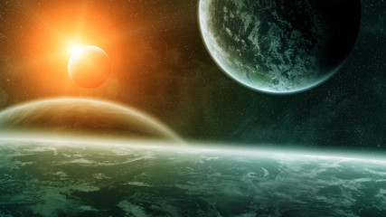 Sunrise over planets in space