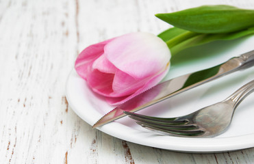 pink tulip in a plate