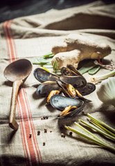 Mussels with fresh ingredients for seafood dinner