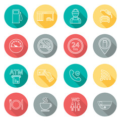 Line gas station icons. Flat design. Shadow. Vector