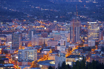 Portland Oregon city lights and buildings.