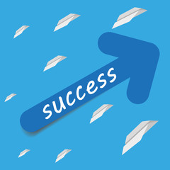 arrow with text success and with paper airplanes on the sky