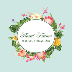 Fototapeta na wymiar Floral Frame Card - Vintage Tropical Flower Background
