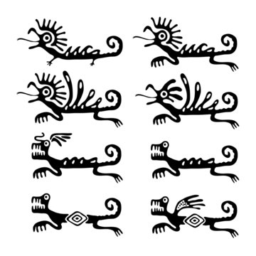 lizards or dragons in native style, set of vector illustrations