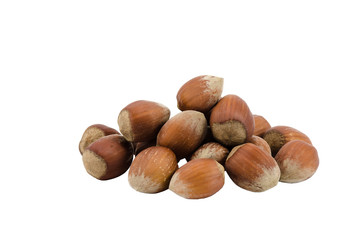 Group of hazelnuts close up isolated on white