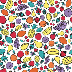 Seamless hand-drawn pattern with differnt fruits. Vector
