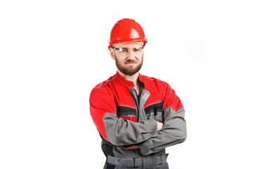 man wearing overalls with red helmet - 81078918