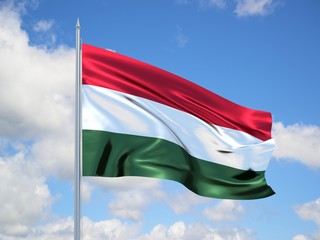 Fototapeta na wymiar Hungary 3d flag floating in the wind in blue sky