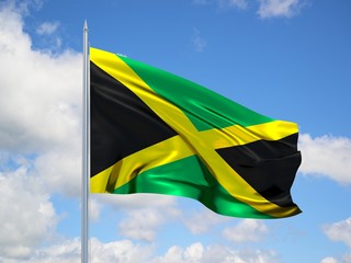 JAMAICA 3d flag floating in the wind in blue sky